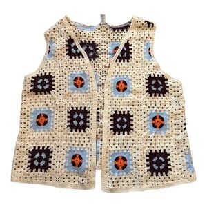 CATO Cream Crochet Granny Square Vest Large Boho Hippie Retro Cottagecore